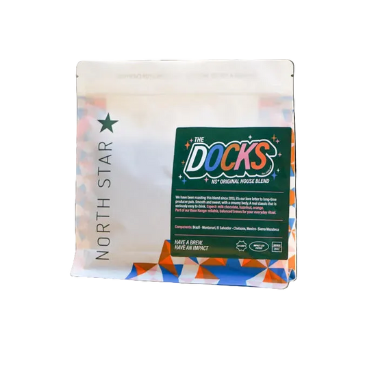Coffee package labeled 'The Docks' with a colorful design on a white background